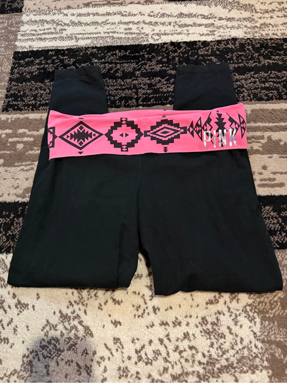Women’s y2k Victoria's Secret PINK Black Leggings with Pink Aztec Waistband